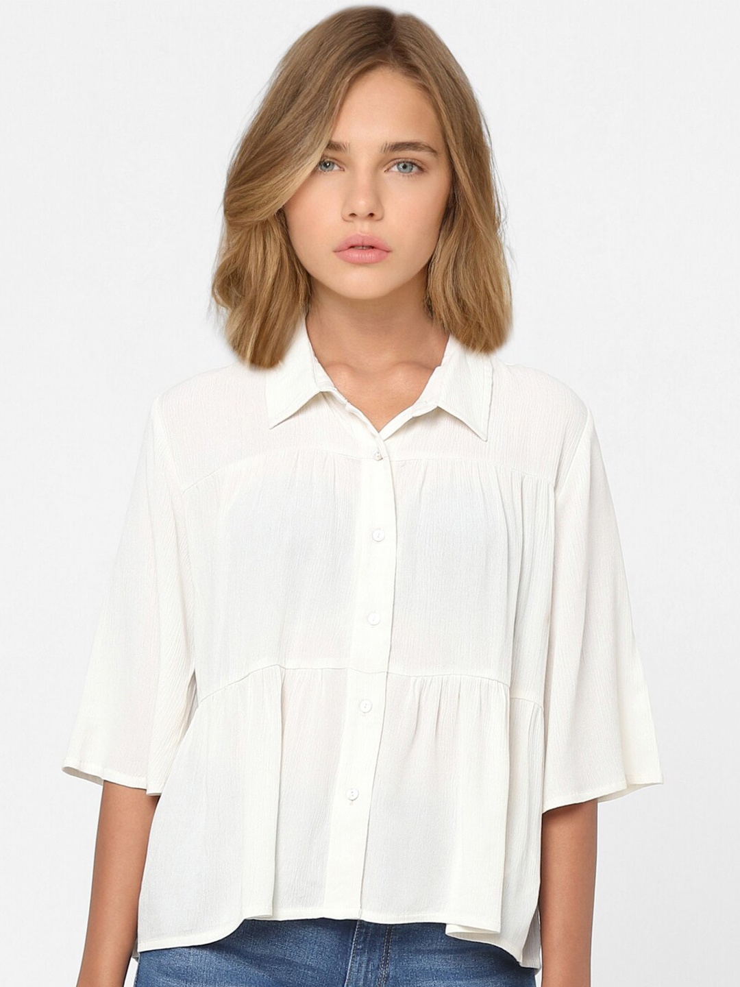 

ONLY Women Off White Solid Casual Shirt