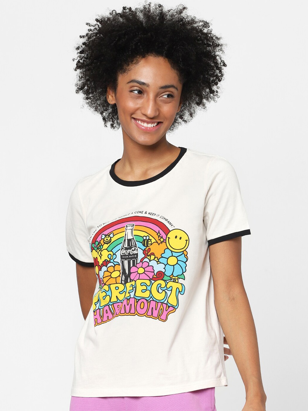

ONLY Women Off White Graphic Printed Cotton T-shirt