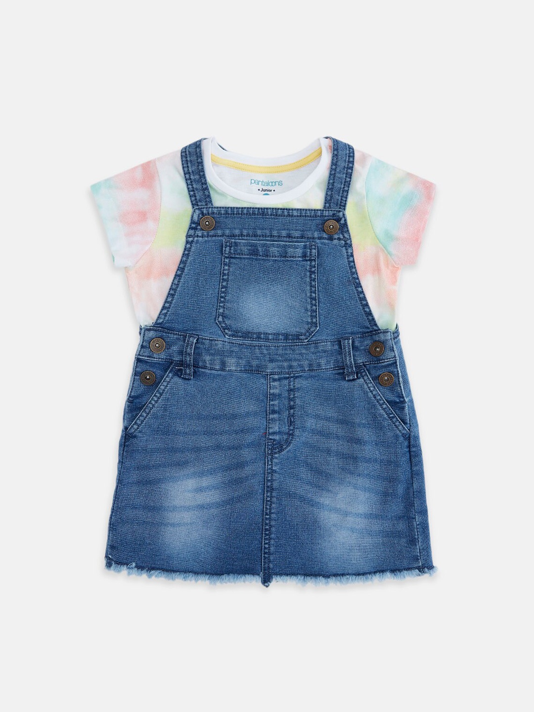 

Pantaloons Junior Infant Girls Blue Solid Denim Dungarees