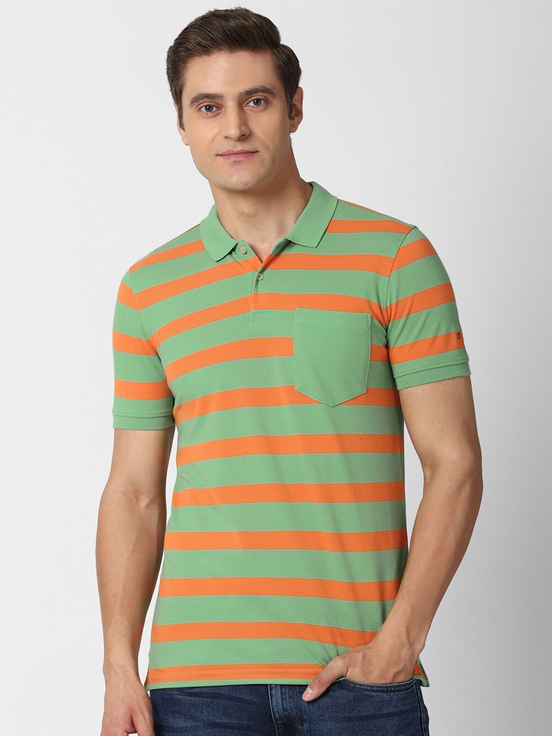 

Peter England Casuals Men Green & Orange Striped Polo Collar Slim Fit T-shirt