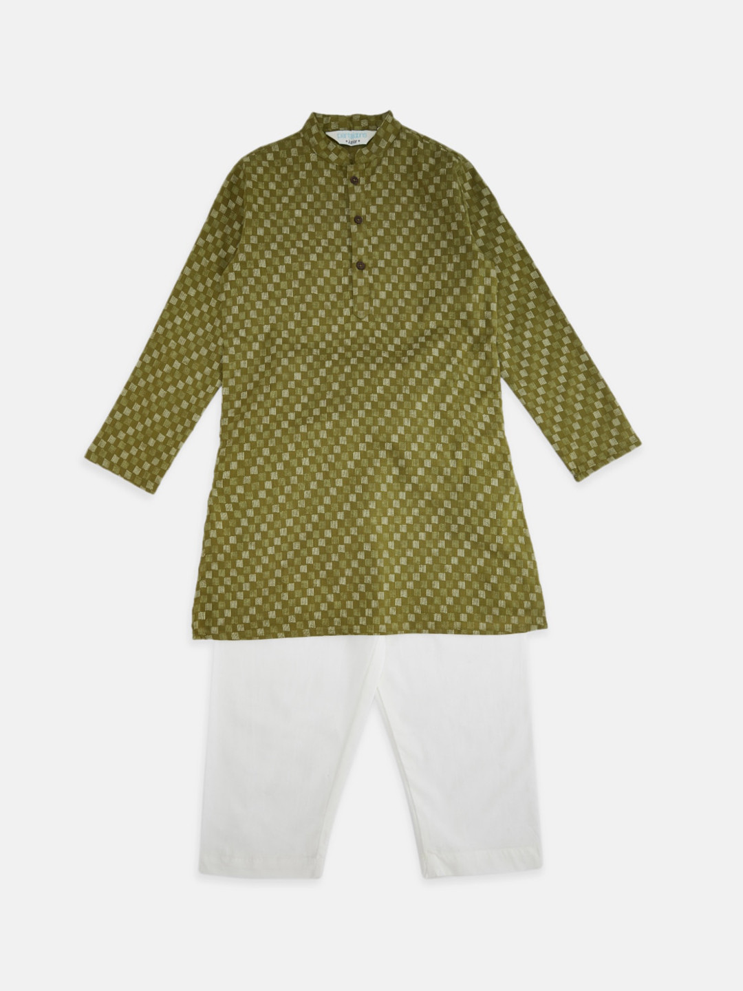 

indus route by Pantaloons Boys Olive Green Ethnic Motifs Printed Pure Cotton Kurta with Pyjamas