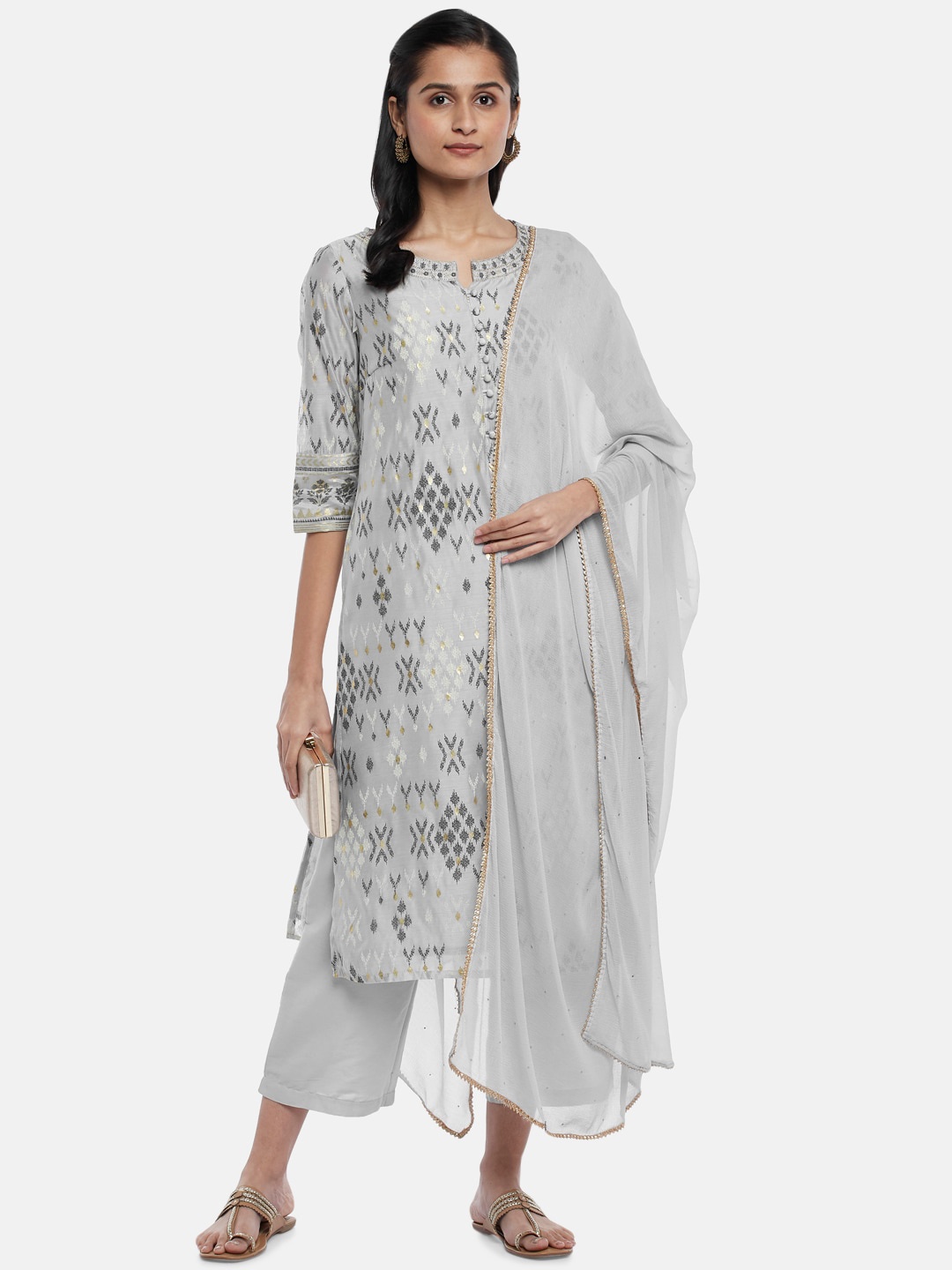 

RANGMANCH BY PANTALOONS Women Grey Printed Chanderi Silk Kurti with Palazzos & With Dupatta