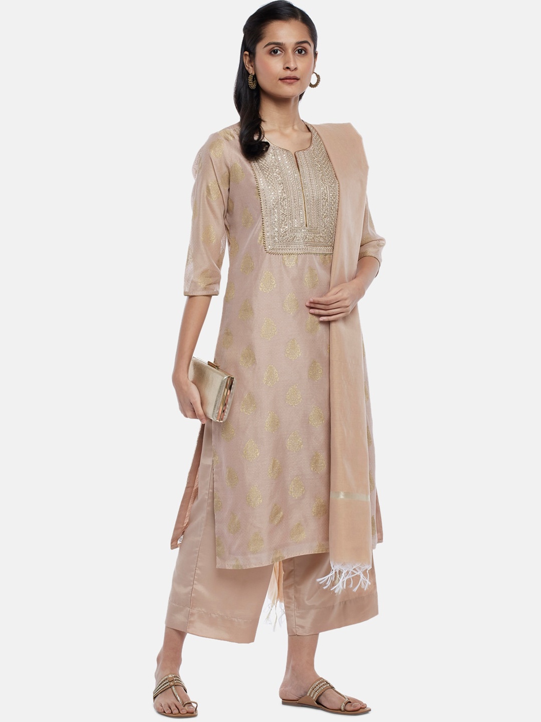 

RANGMANCH BY PANTALOONS Women Pink Ethnic Motifs Printed Zardozi Chanderi Silk Kurti with Palazzos & With