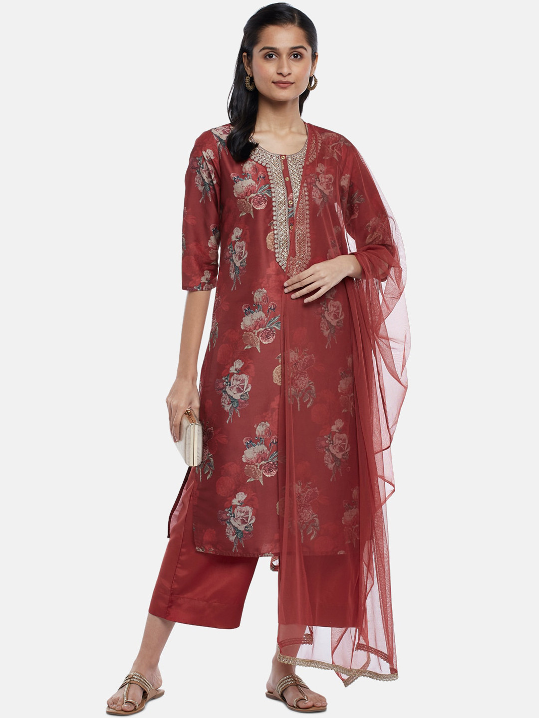

RANGMANCH BY PANTALOONS Women Red Floral Printed Pure Cotton Kurta with Palazzos & With Dupatta