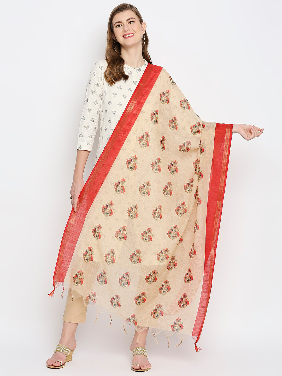 

Dupatta Bazaar Beige & Red Printed Dupatta