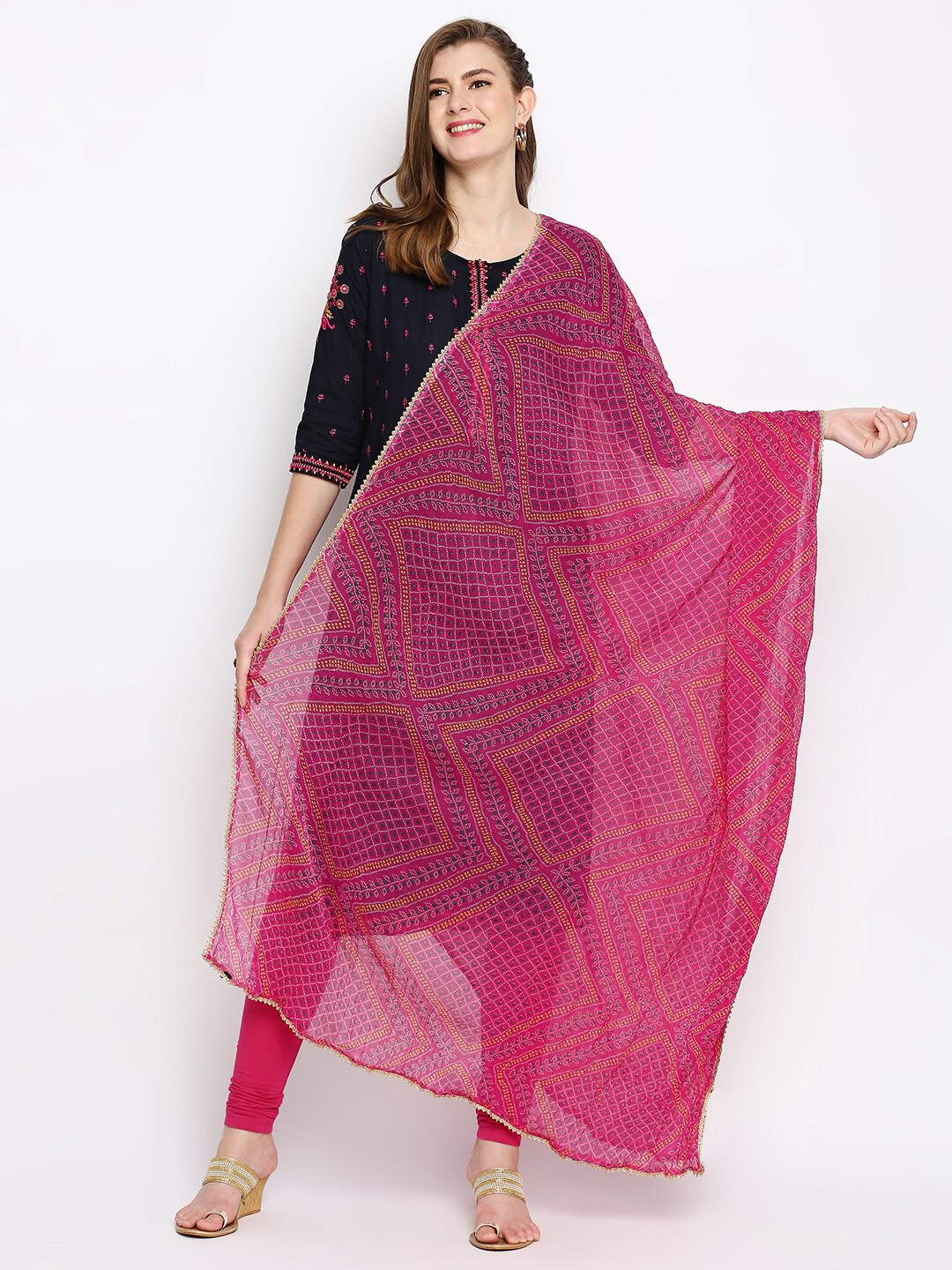 

Dupatta Bazaar Pink & Yellow Printed Bandhani Dupatta