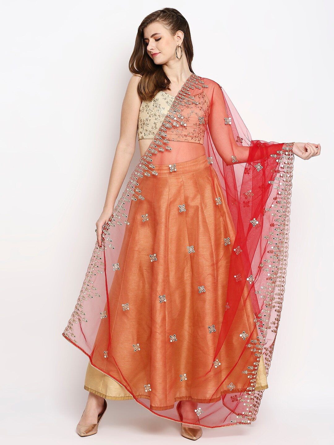 

Dupatta Bazaar Red & Gold-Toned Ethnic Motifs Embroidered Dupatta with Mirror Work