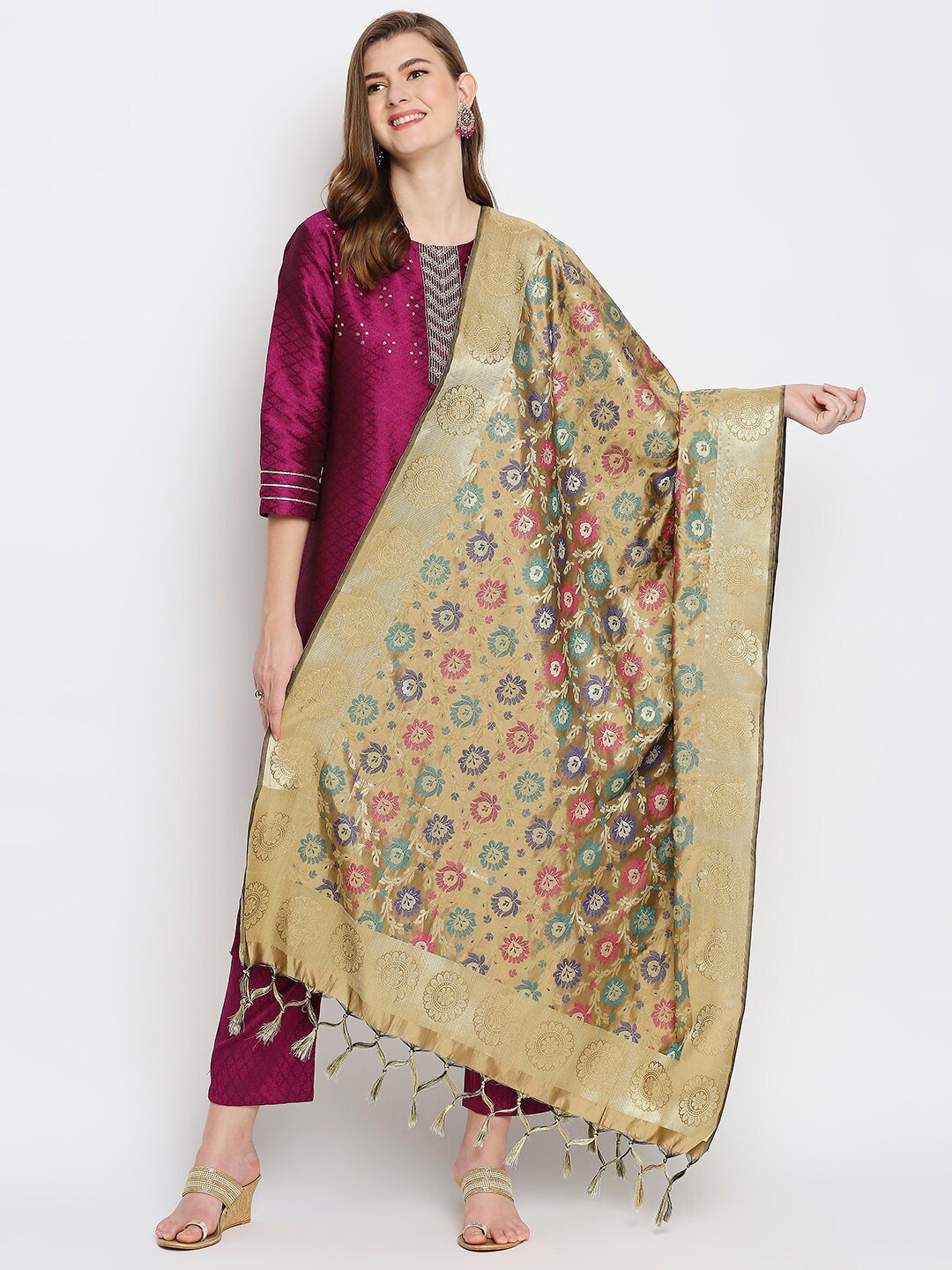 

Dupatta Bazaar Gold-Toned & Green Zari Woven Design Banarasi Silk Dupatta