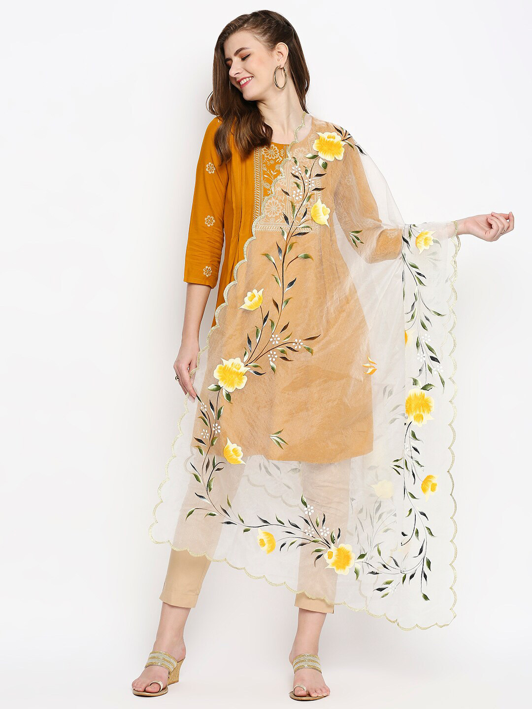 

Dupatta Bazaar White & Yellow Printed Organza Dupatta