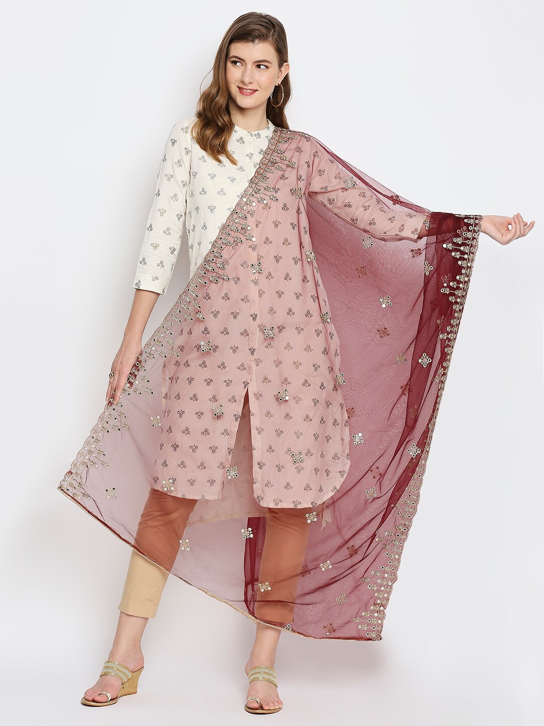 

Dupatta Bazaar Burgundy & Silver-Toned Ethnic Motifs Embroidered Dupatta with Mirror Work