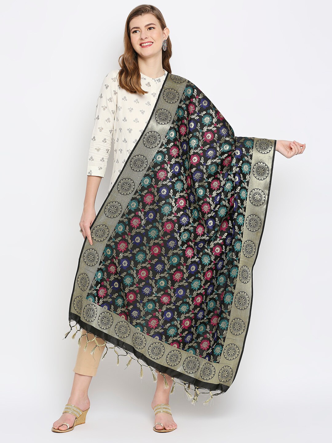 

Dupatta Bazaar Black & Gold-Toned Woven Design Dupatta