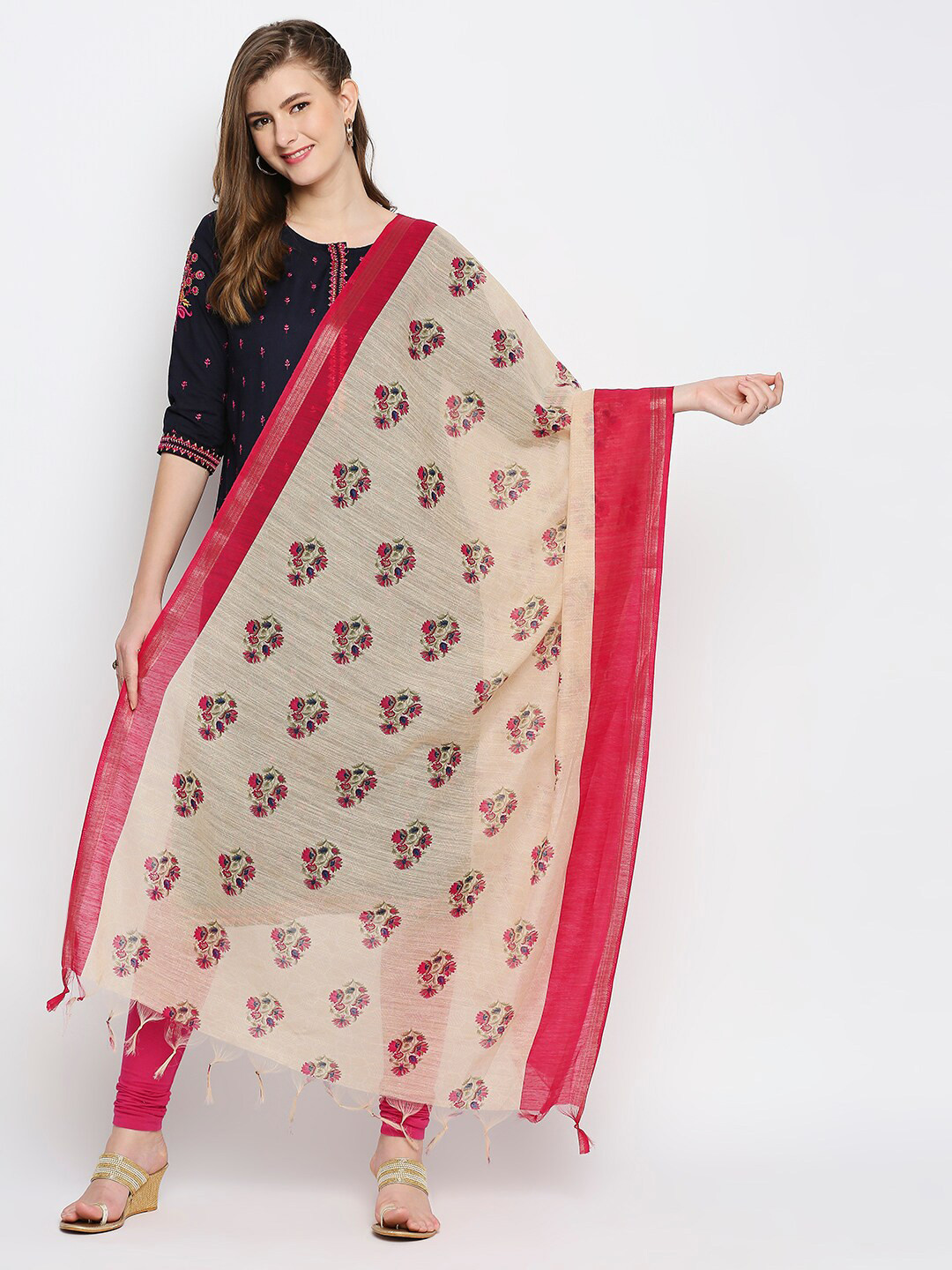 

Dupatta Bazaar Beige & Pink Printed Tasselled Dupatta