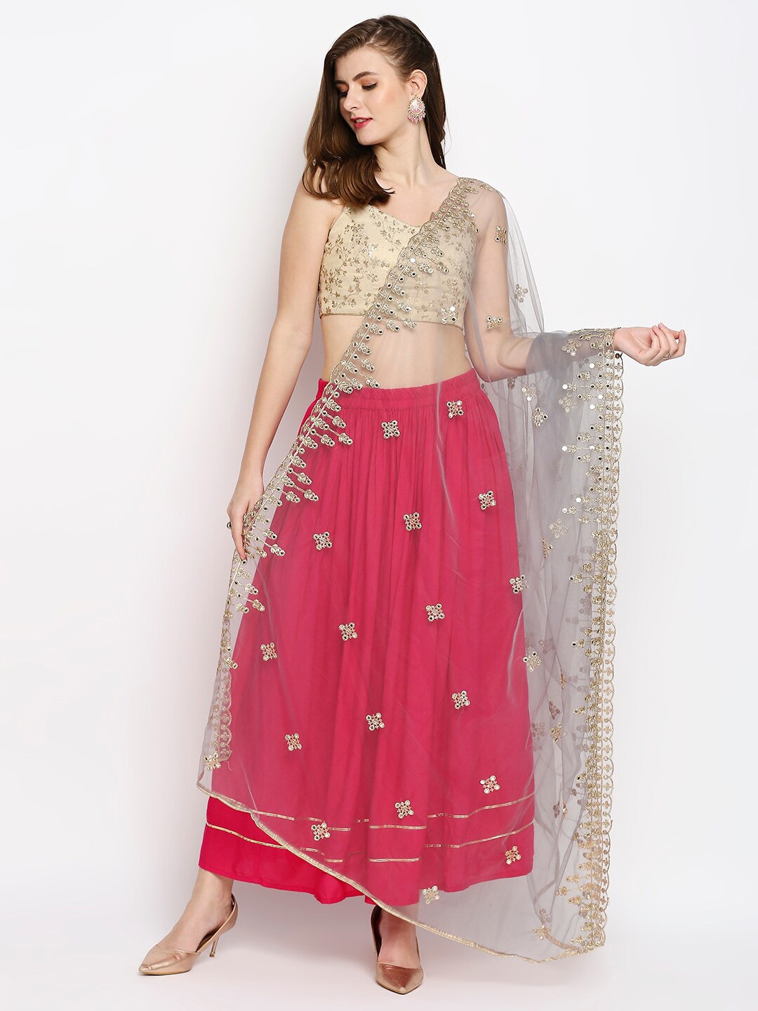 

Dupatta Bazaar Grey & Gold-Toned Ethnic Motifs Embroidered Dupatta with Mirror Work