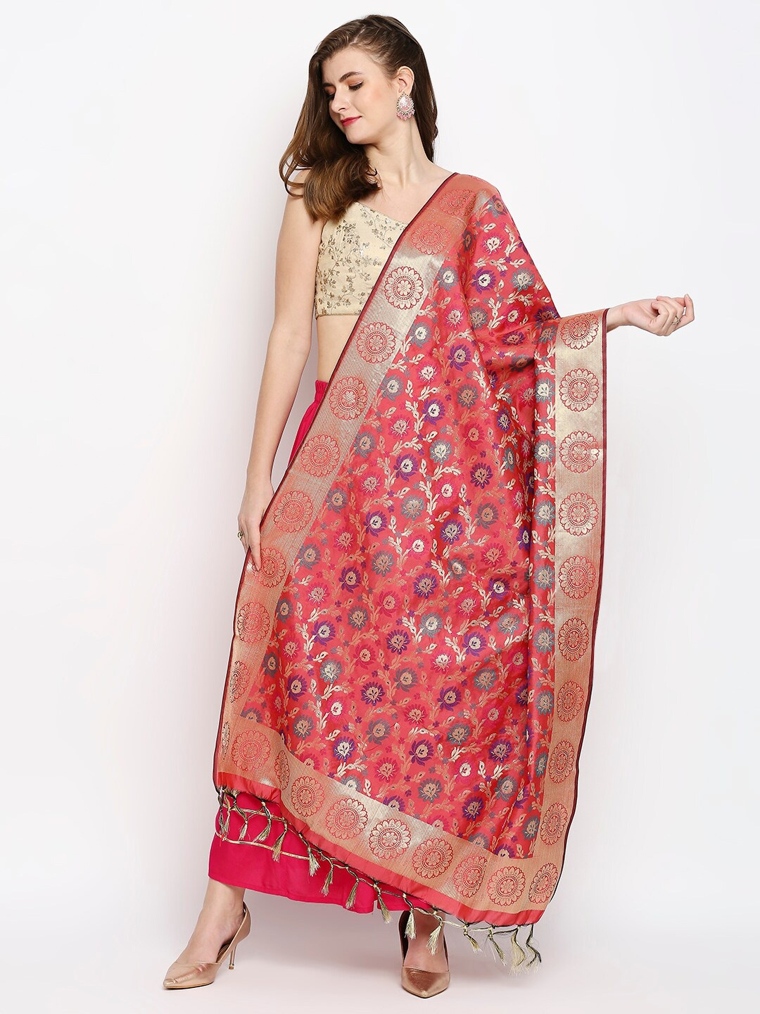 

Dupatta Bazaar Coral & Blue Woven Design Banarasi Silk Dupatta