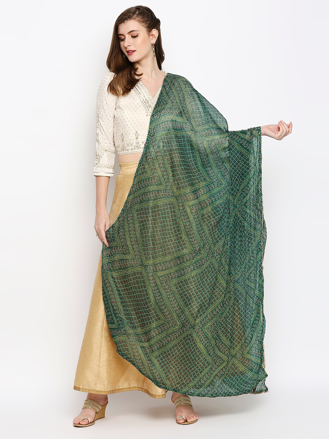 

Dupatta Bazaar Green & Yellow Printed Chiffon Bandhani Dupatta