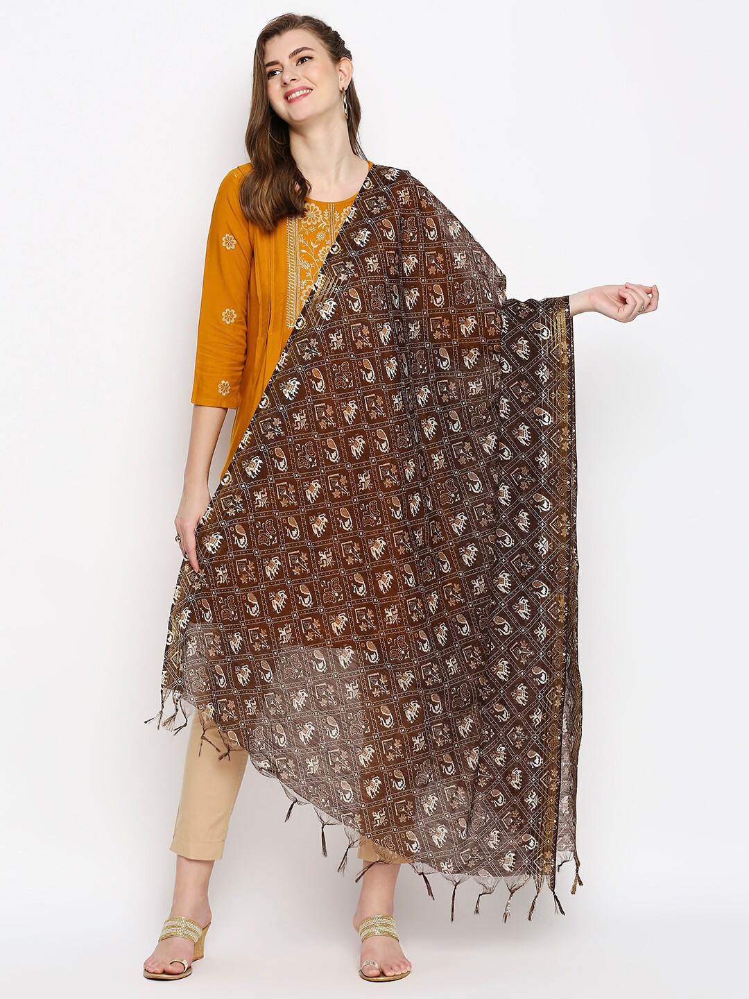 

Dupatta Bazaar Brown & Gold-Toned Ethnic Motifs Printed Dupatta