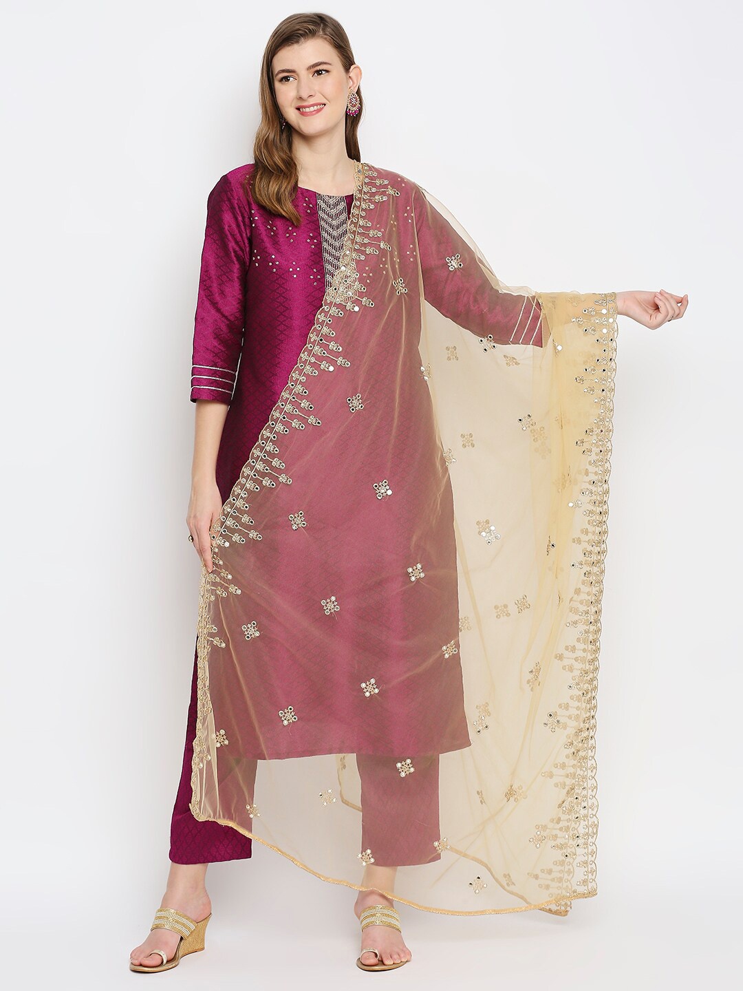 

Dupatta Bazaar Gold-Toned Ethnic Motifs Embroidered Dupatta with Mirror Work