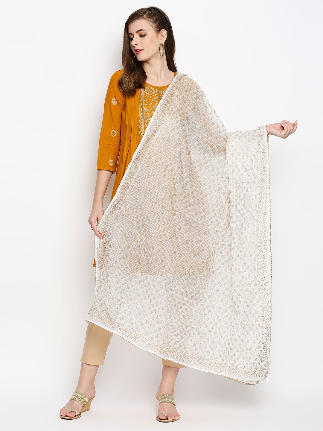 

Dupatta Bazaar White & Gold-Toned Printed Pure Cotton Khari Print Dupatta
