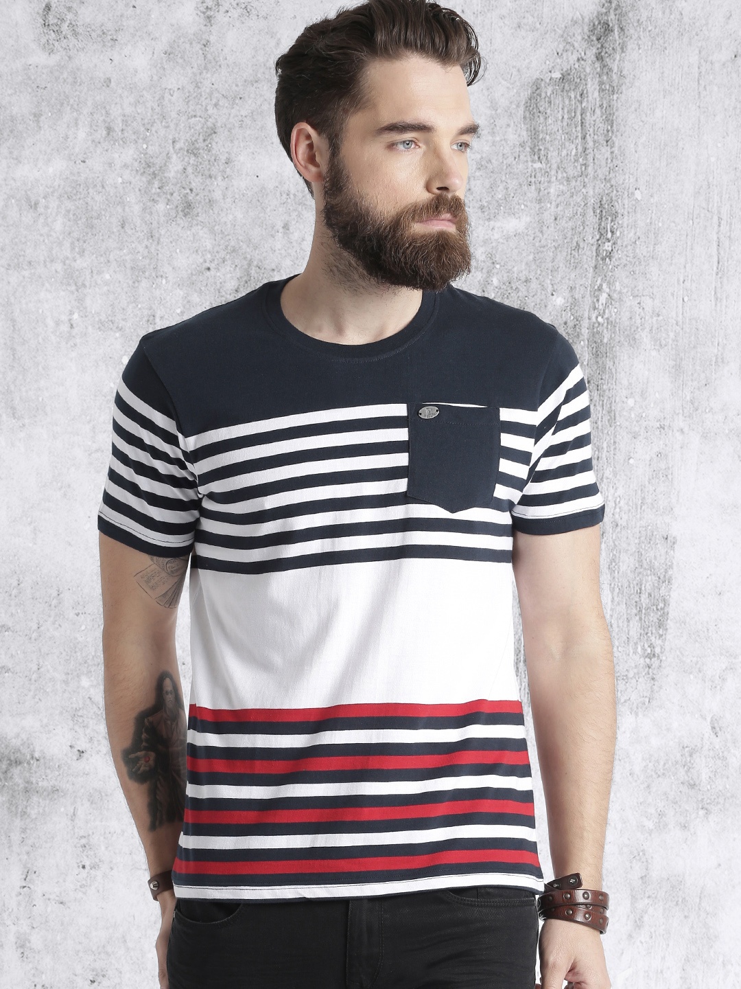 

Roadster Men Navy Blue White Striped Cotton Pure Cotton T-shirt