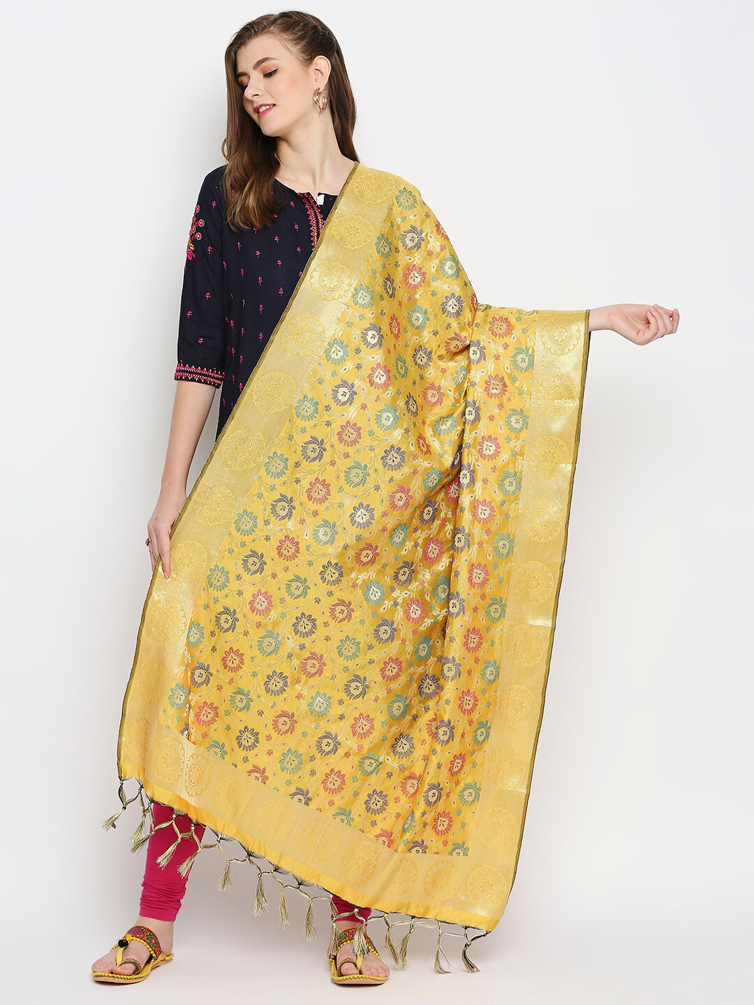 

Dupatta Bazaar Yellow & Green Woven Design Banarasi Silk Dupatta