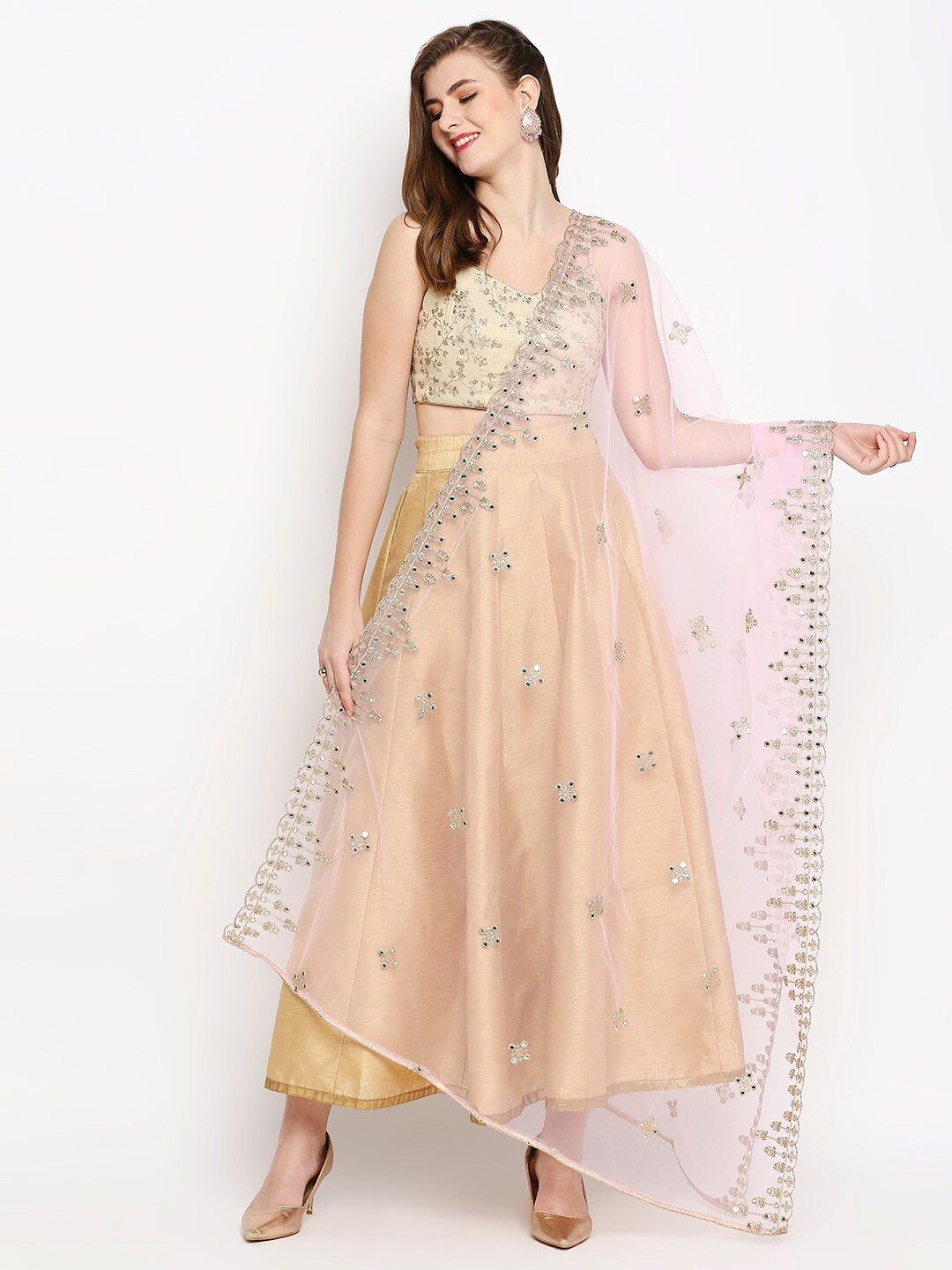 

Dupatta Bazaar Pink Ethnic Motifs Embroidered Dupatta with Mirror Work