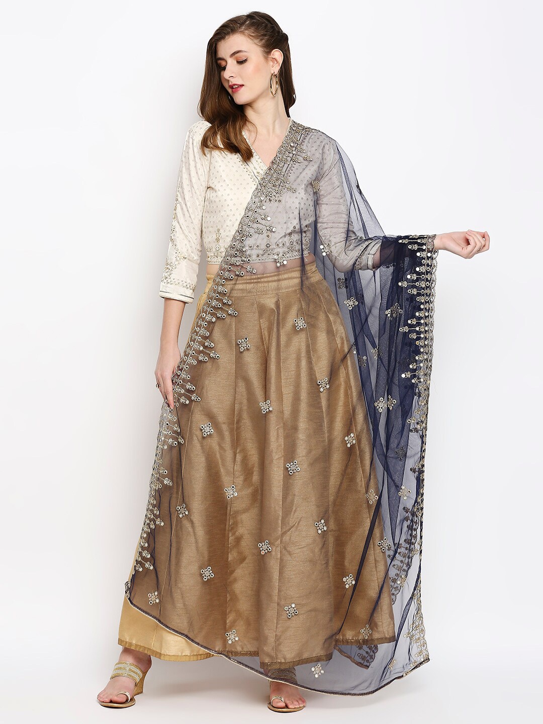 

Dupatta Bazaar Navy Blue Ethnic Motifs Embroidered Dupatta with Mirror Work
