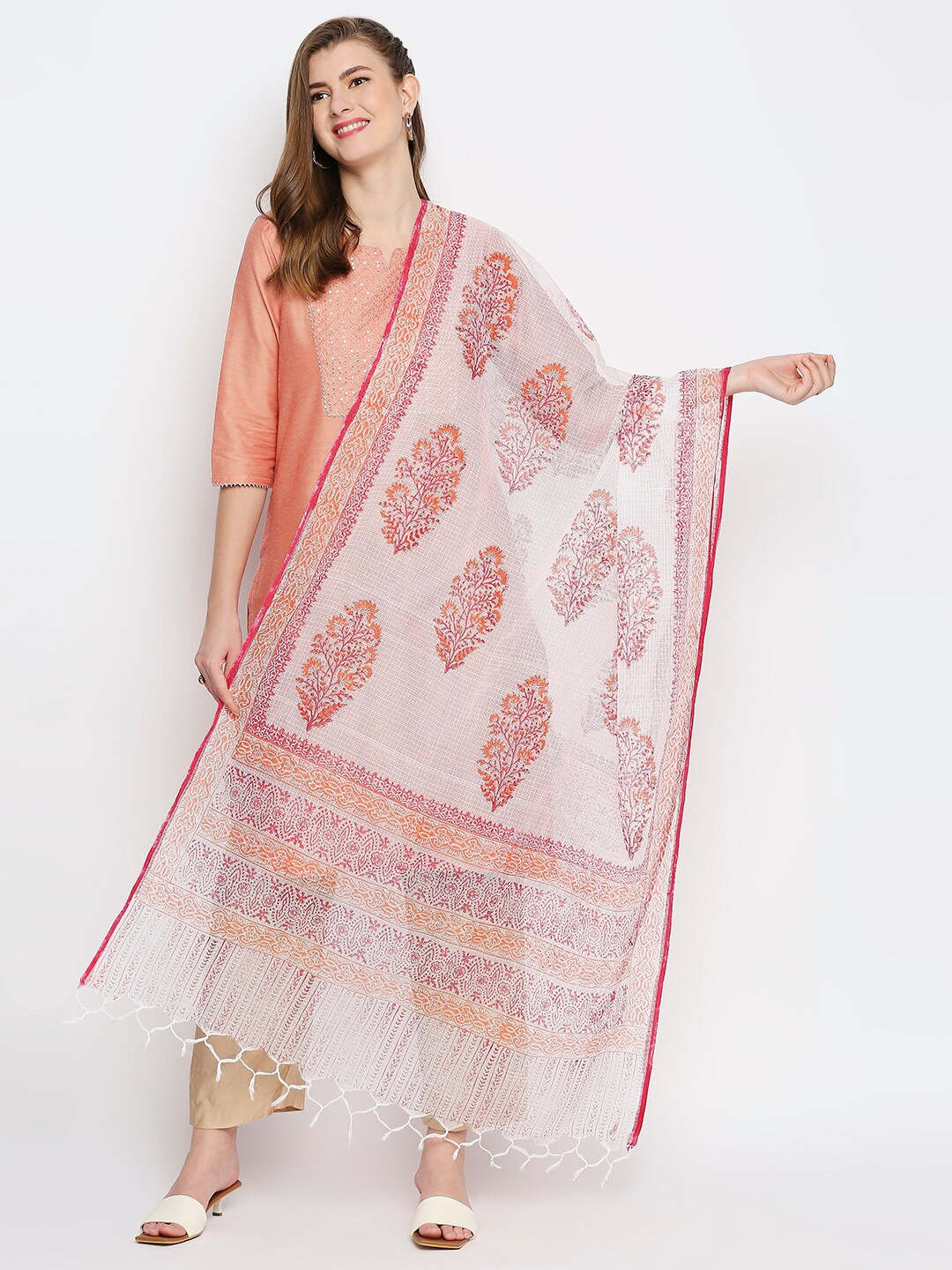 

Dupatta Bazaar White & Red Printed Pure Cotton Block Print Dupatta