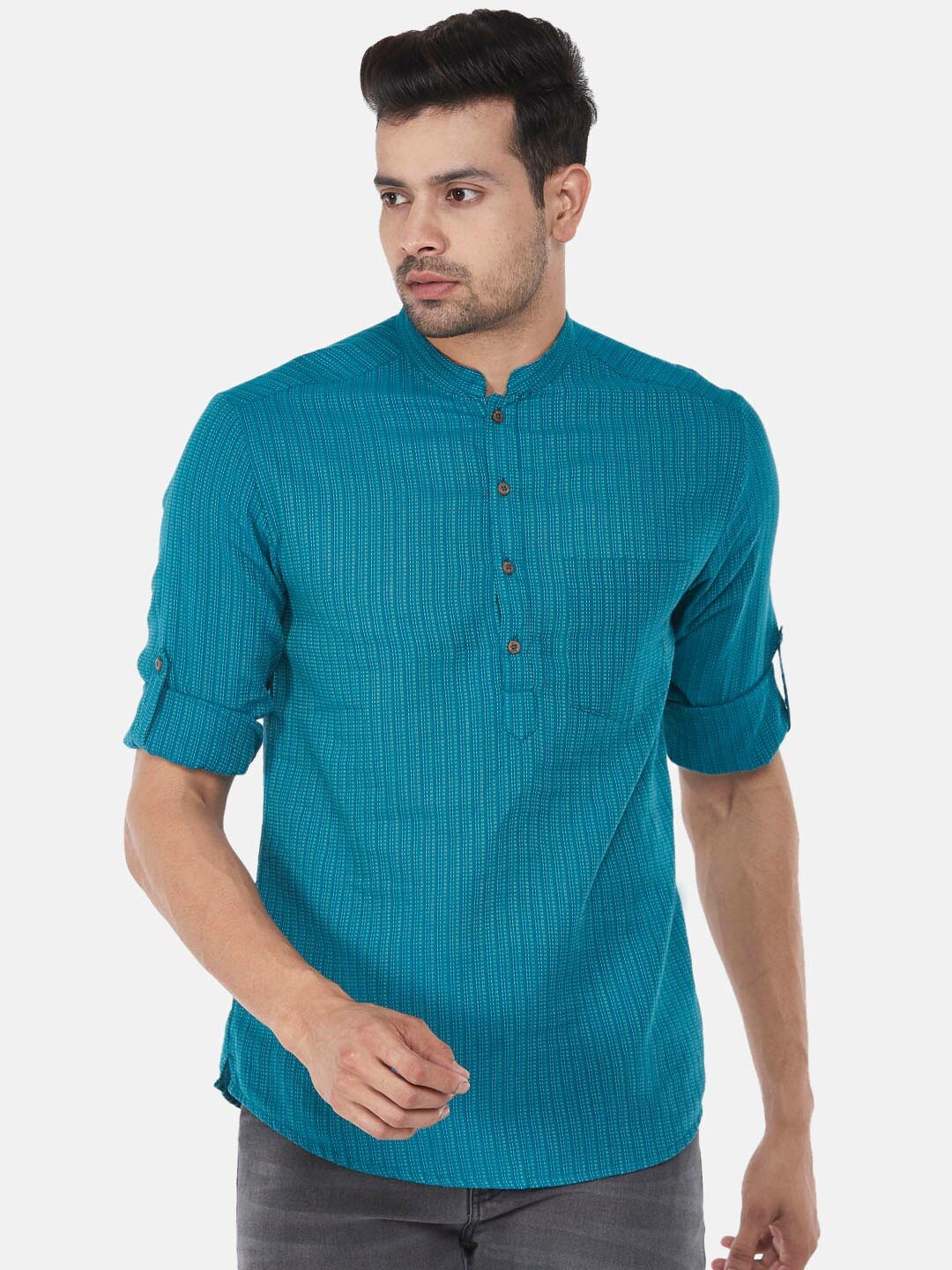 

indus route by Pantaloons Men Teal Blue Geometric Printed Kurta
