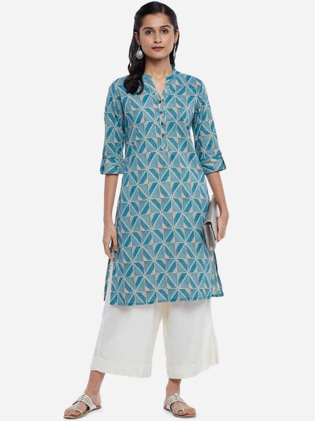 

RANGMANCH BY PANTALOONS Women Blue & Grey Geometric Printed Cotton Straight Kurta