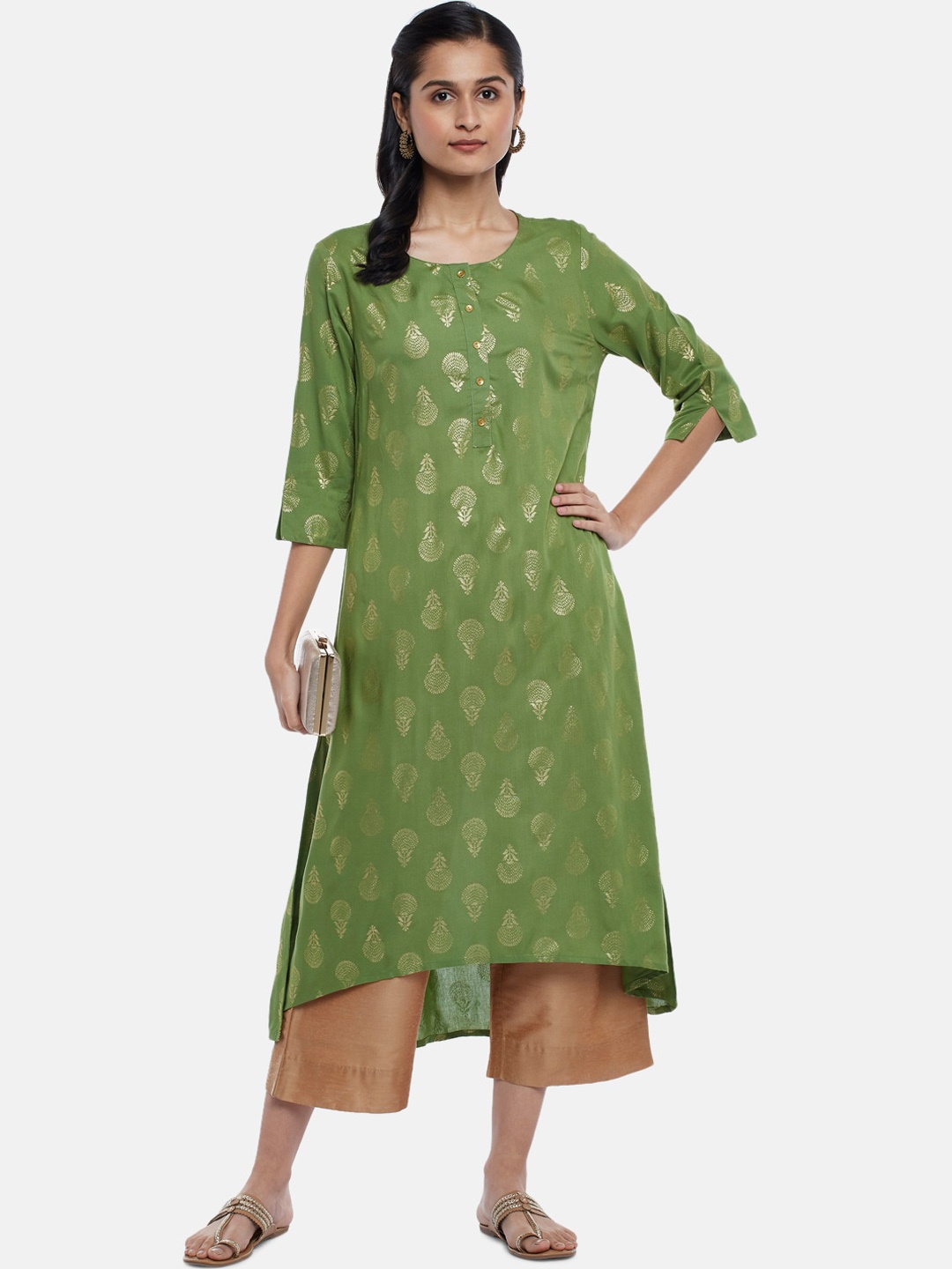 

RANGMANCH BY PANTALOONS Women Green & Gold-Toned Ethnic Motifs Printed Kurta