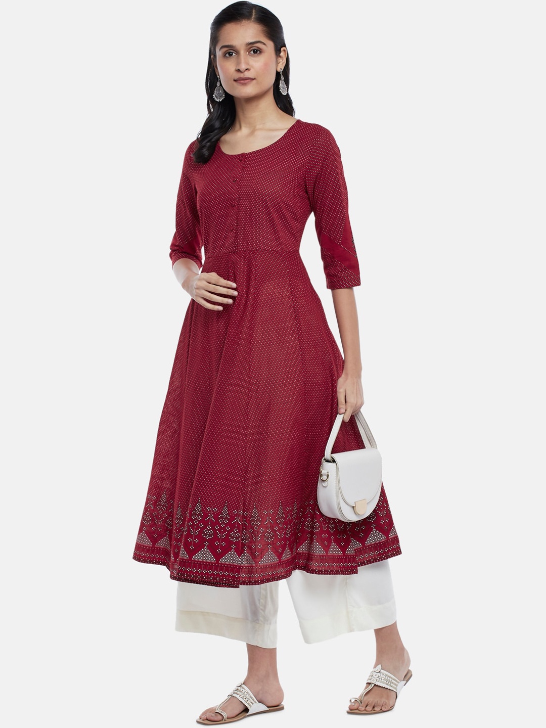 RANGMANCH BY PANTALOONS Women Red Striped Anarkali Kurta