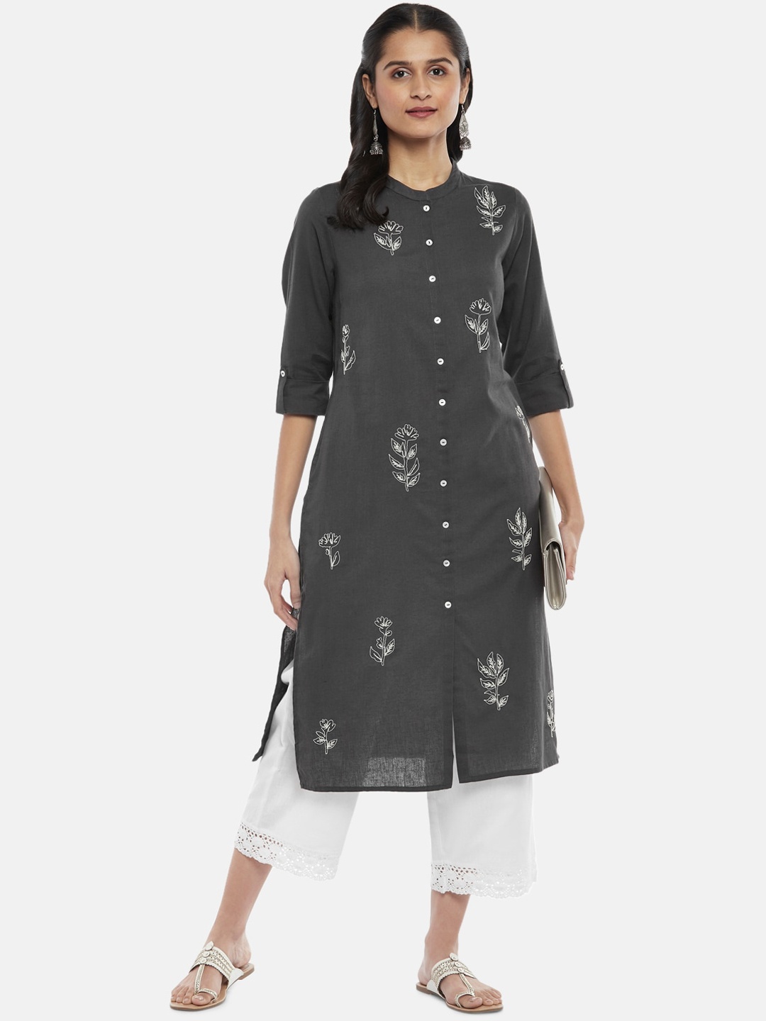 

RANGMANCH BY PANTALOONS Women Grey & White Floral Embroidered Kurta