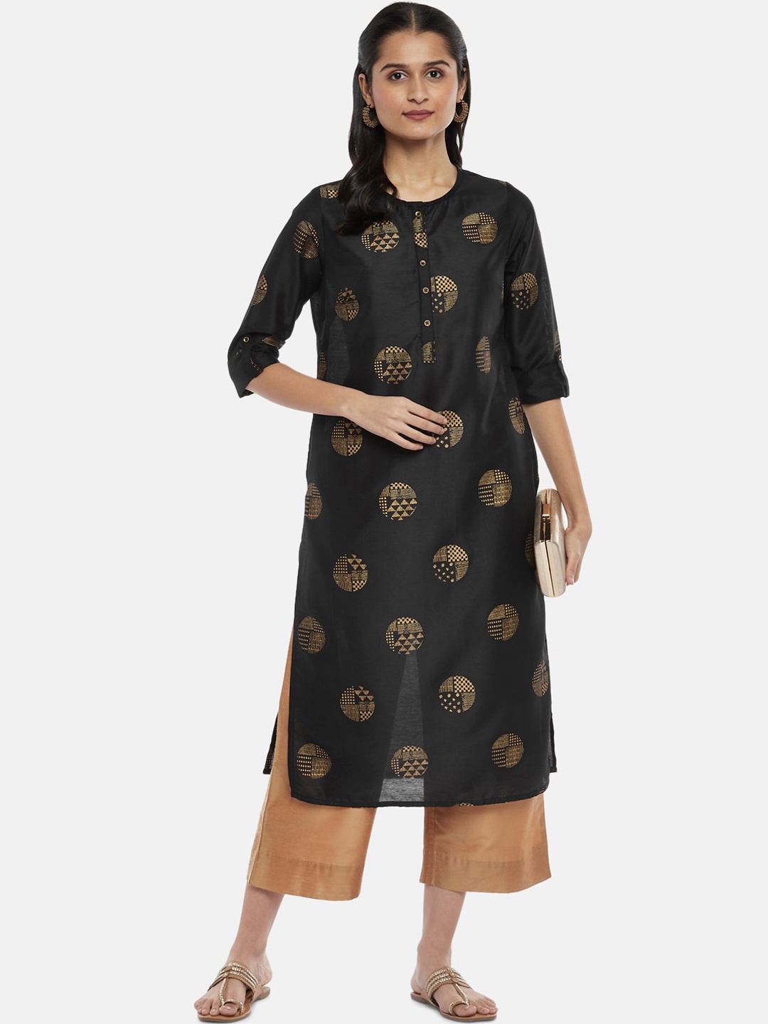 

RANGMANCH BY PANTALOONS Women Black & Gold-Toned Printed Kurta