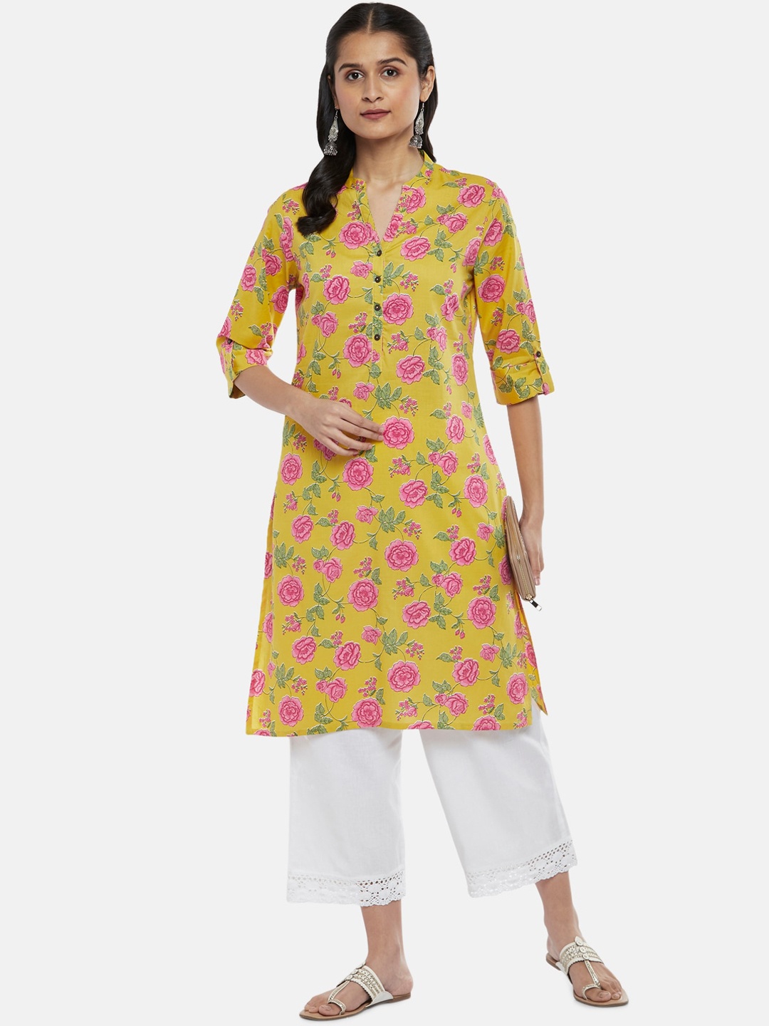 

RANGMANCH BY PANTALOONS Women Yellow & Pink Floral Printed Kurta