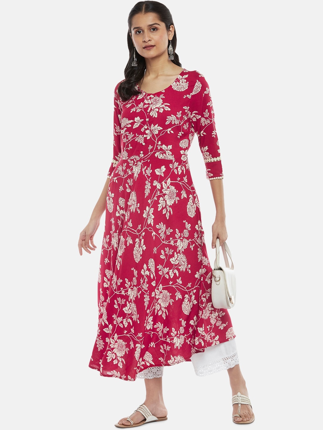 

RANGMANCH BY PANTALOONS Women Red & White Floral Anarkali Kurta
