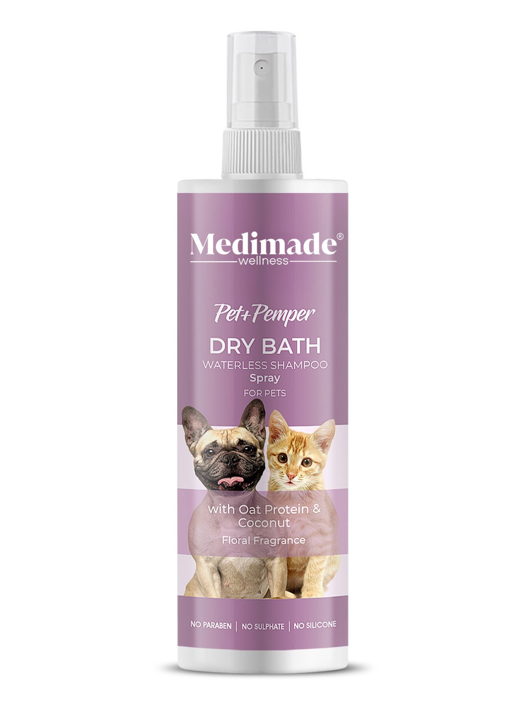 

Medimade Dry Bath Waterless Shampoo for Pets with Oat Protein & Coconuts 200 ML, Transparent