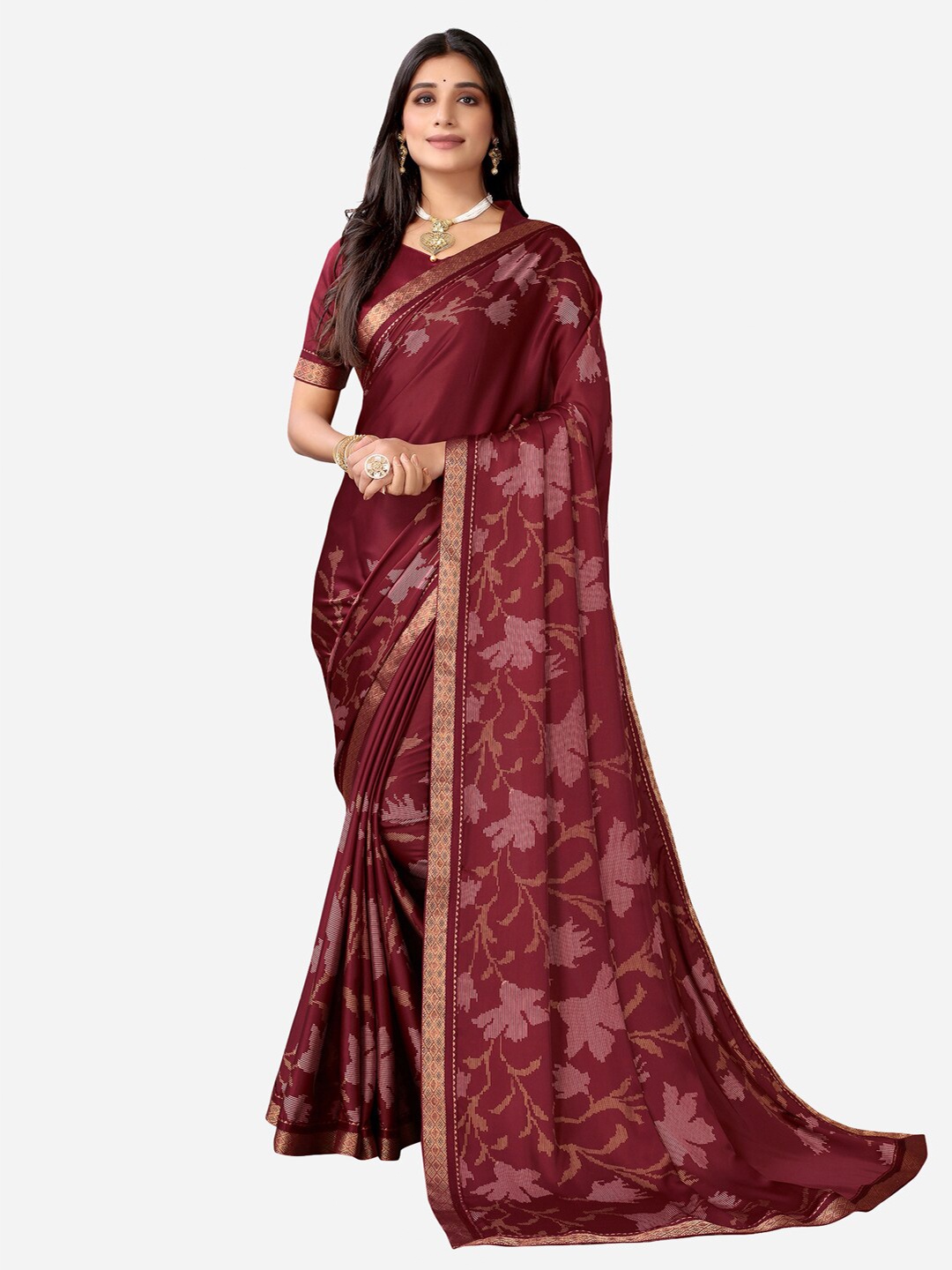 

Satrani Maroon & Brown Floral Zari Pure Linen Saree