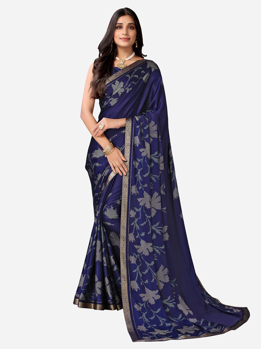 

Satrani Navy Blue & Gold-Toned Floral Pure Linen Saree