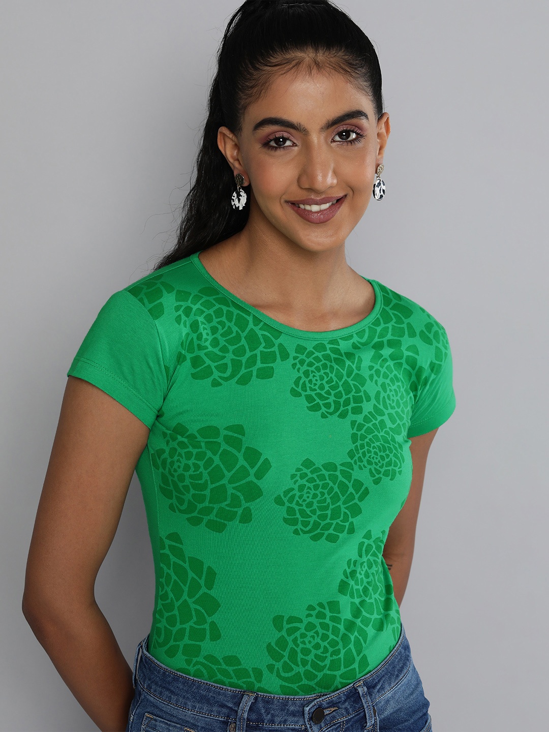 

HERE&NOW Women Green Floral Striped Pure Cotton T-shirt