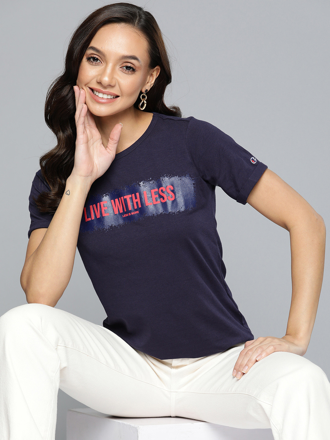 

HERE&NOW Women Navy Blue & Red Typography Printed T-shirt