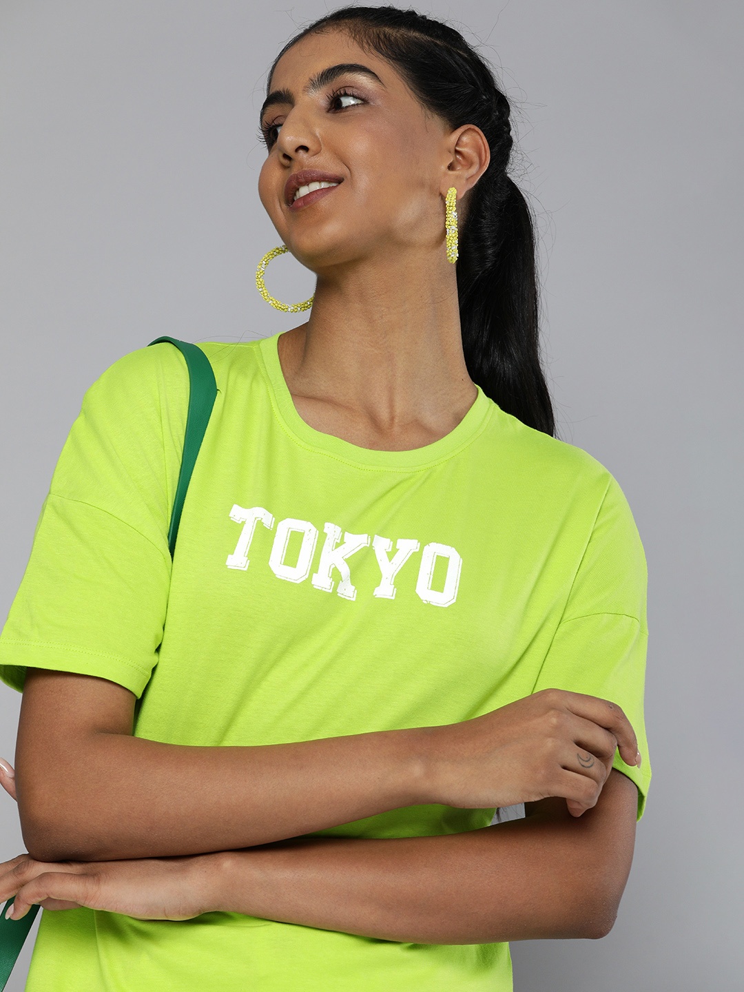 

HERE&NOW Women Green & White Typography Printed Pure Cotton T-shirt