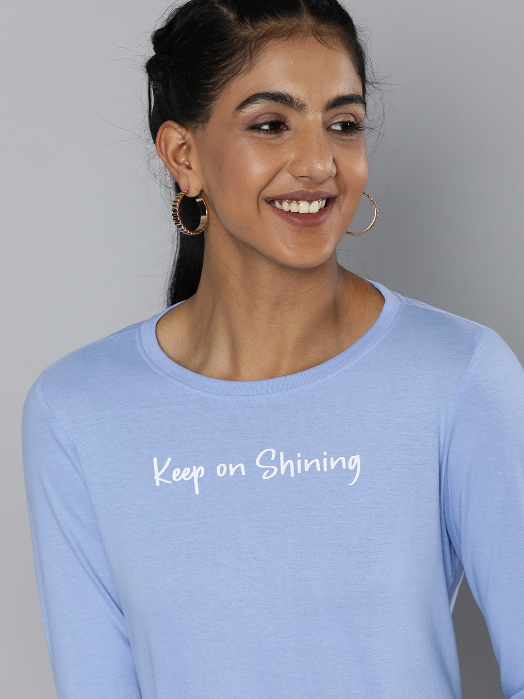 

HERE&NOW Women Blue & White Typography Printed Pure Cotton T-shirt