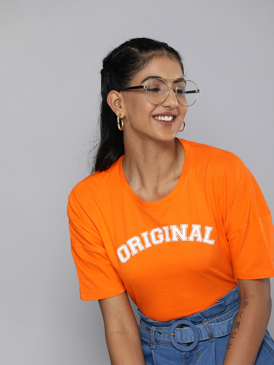 

HERE&NOW Women Orange Typography Printed Drop-Shoulder Sleeves Pure Cotton T-shirt