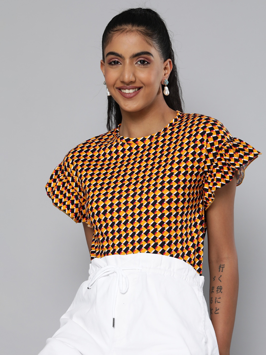 

HERE&NOW Women Mustard Yellow & Black Abstract Print Pure Cotton Regular Top