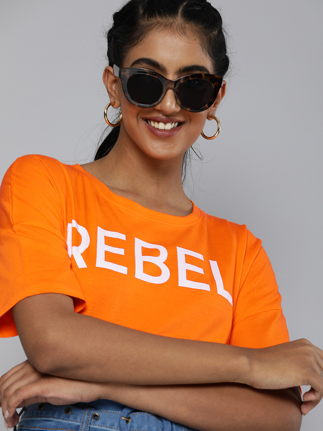 

HERE&NOW Women Orange Typography Printed Drop-Shoulder Sleeves Pure Cotton T-shirt