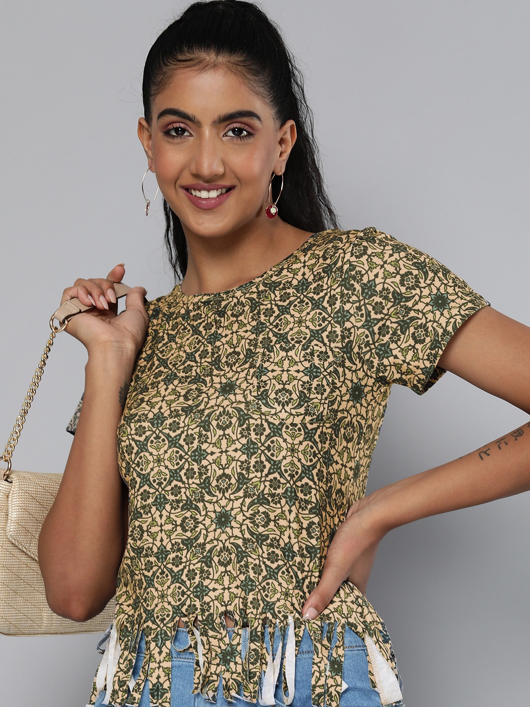 

HERE&NOW Women Beige & Green Floral Printed T-shirt Wih Fringe Detail