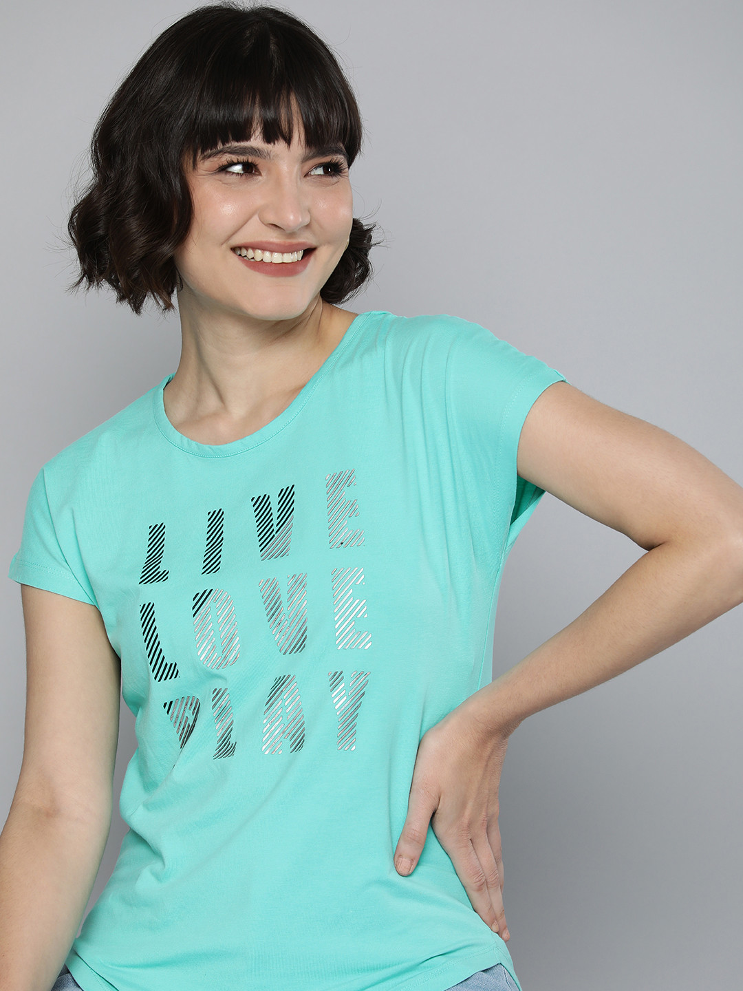 

HERE&NOW Women Sea Green Typography Printed T-shirt