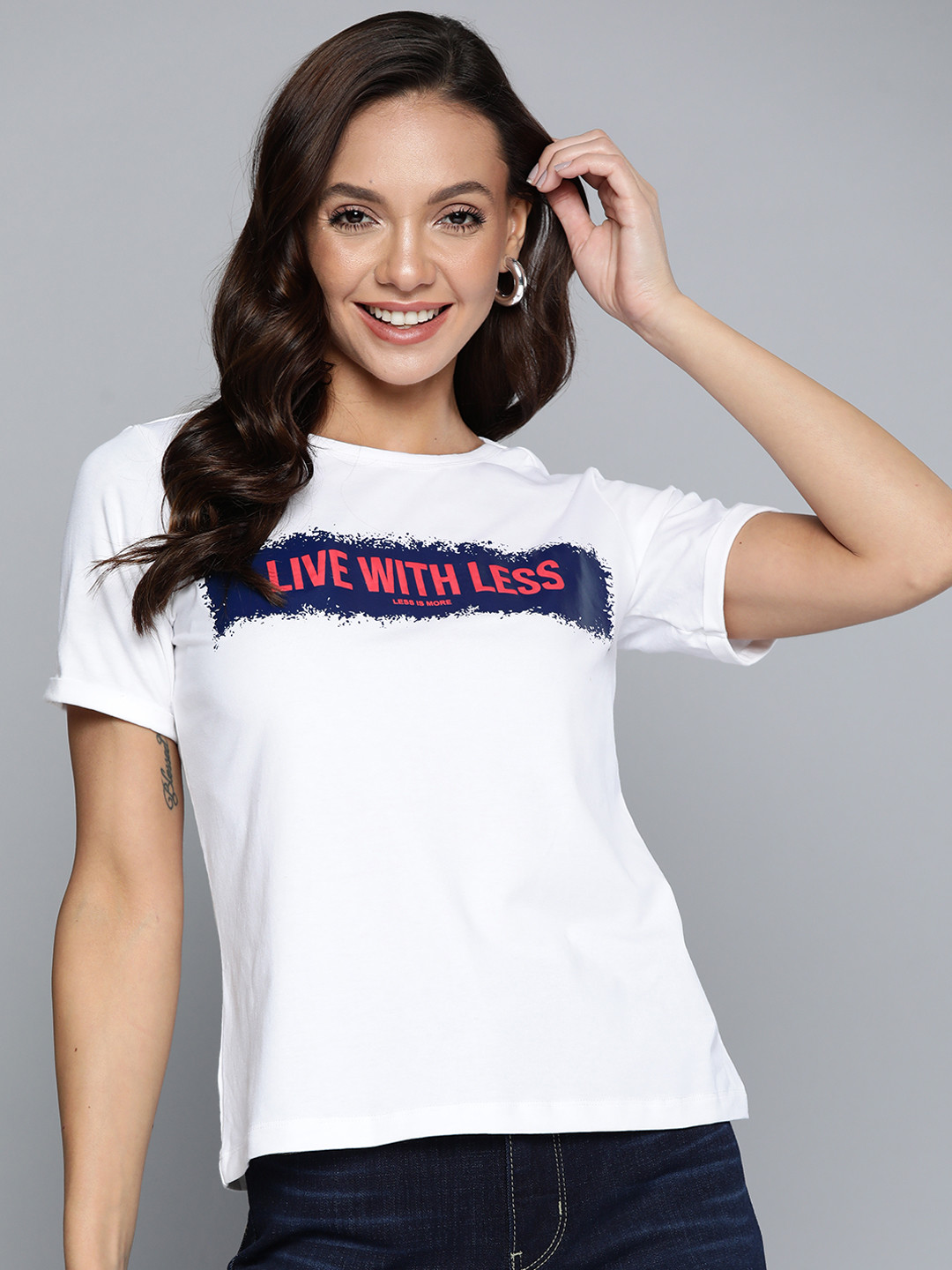 

HERE&NOW Women White & Navy Blue Typography Printed T-shirt