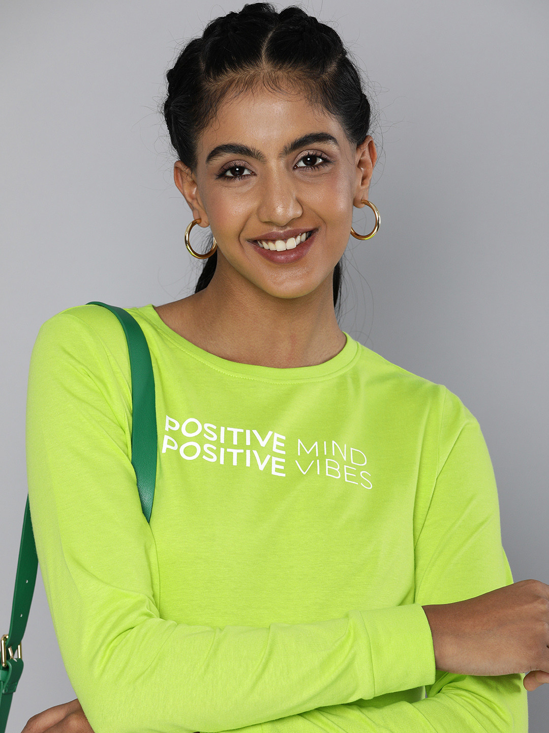 

HERE&NOW Women Green & White Typography Printed Pure Cotton T-shirt