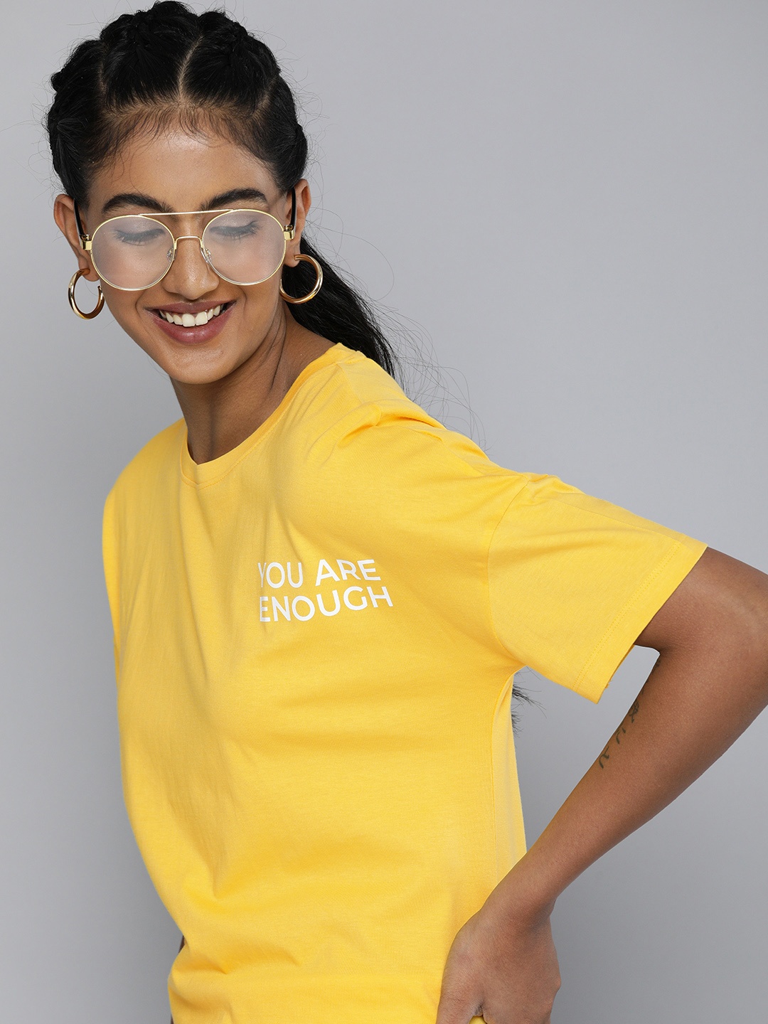 

HERE&NOW Women Yellow & White Typography Printed Drop-Shoulder Sleeves Pure Cotton T-shirt